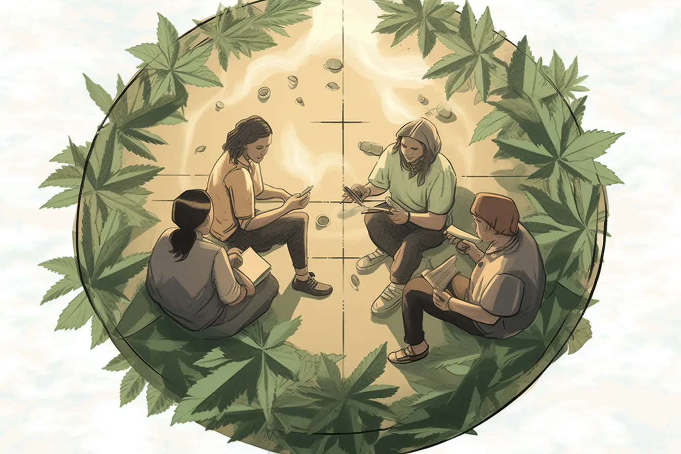 Im Kreis um die Blätter der Hanfpflanze, die ihr Kennzeichen sind, versammeln sich die Mitglieder des Cannabis Social Club in Bielefeld. Zum relaxten Rauchen lädt ein Kreis aus Cannabisblättern ein, der das Kennzeichen des Cannabis Social Clubs in Bielefeld ist.