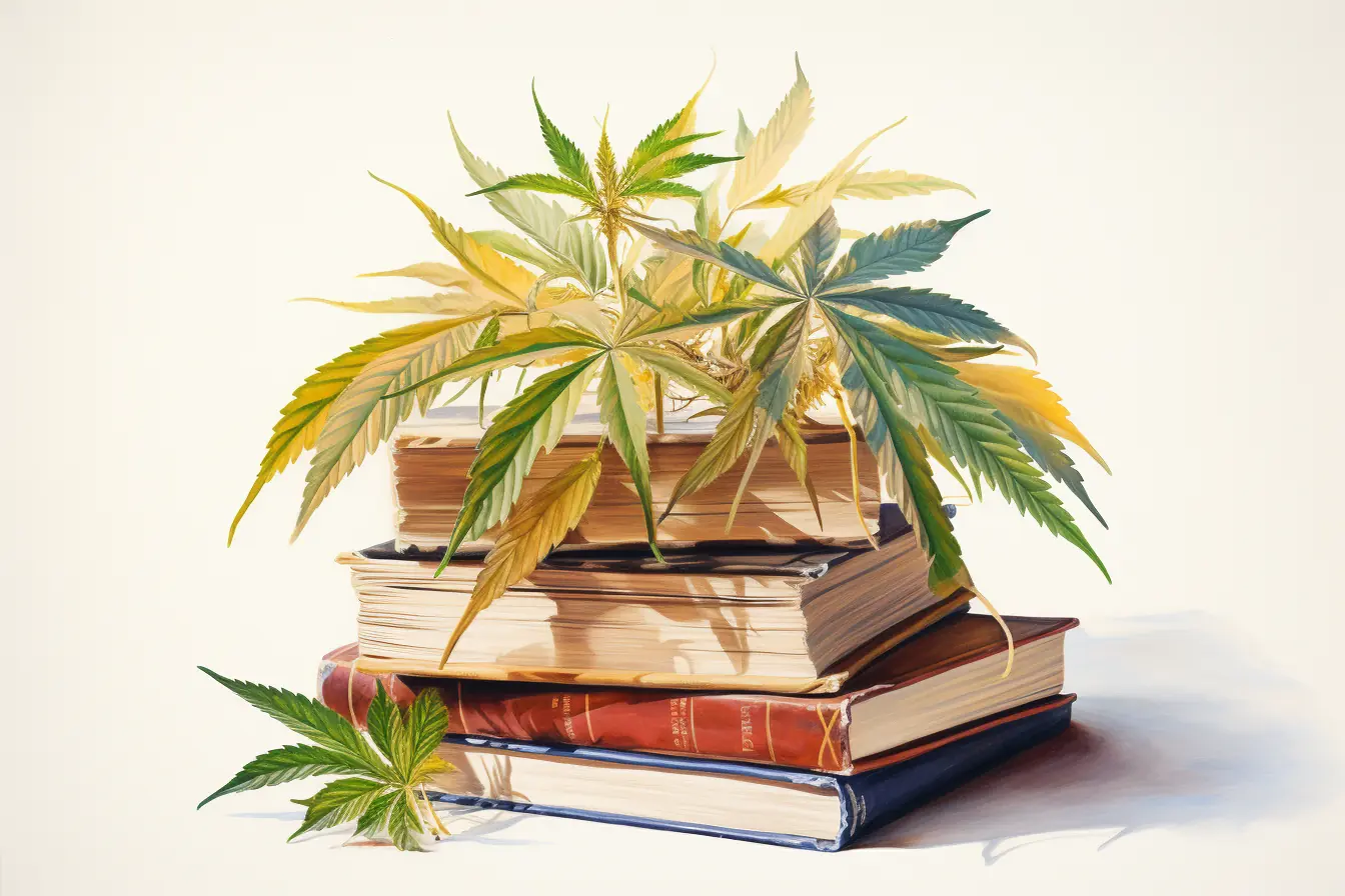 Die Diversität von Natur und Wissen wird durch eine interessante Kombination aus Cannabisblättern und Büchern veranschaulicht. Bunte Bücher, die das Lesen spannend gestalten, sind von Cannabis bedeckt, einer Pflanze mit vielen Namen.