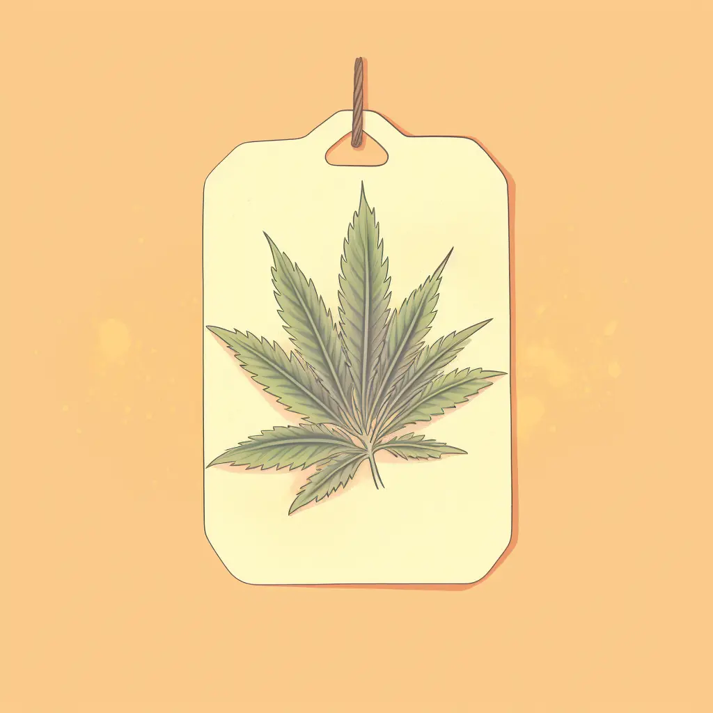 Ein Preisschild und ein Cannabisblatt in weichen Farbtönen bilden ein Paar Das Zeichen des freundlichen Cannabis-Social-Clubs in Bielefeld ist ein Preisschild mit einem ansprechenden Cannabisblatt in Pastelltönen.