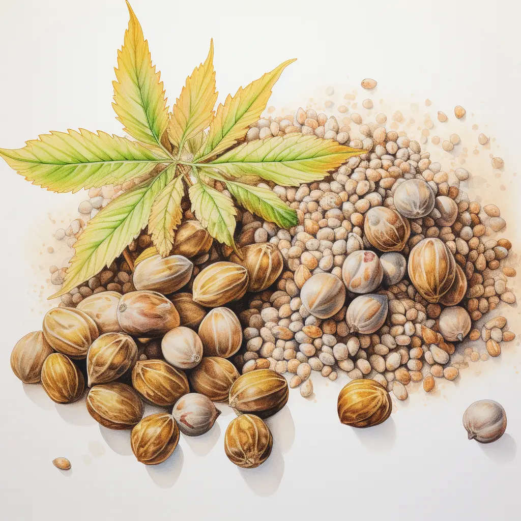 Eine Darstellung mit einem realistischen Effekt von Hanfsamen in soften Farben Eine helle Fläche wird von Cannabis-Samen bevölkert.