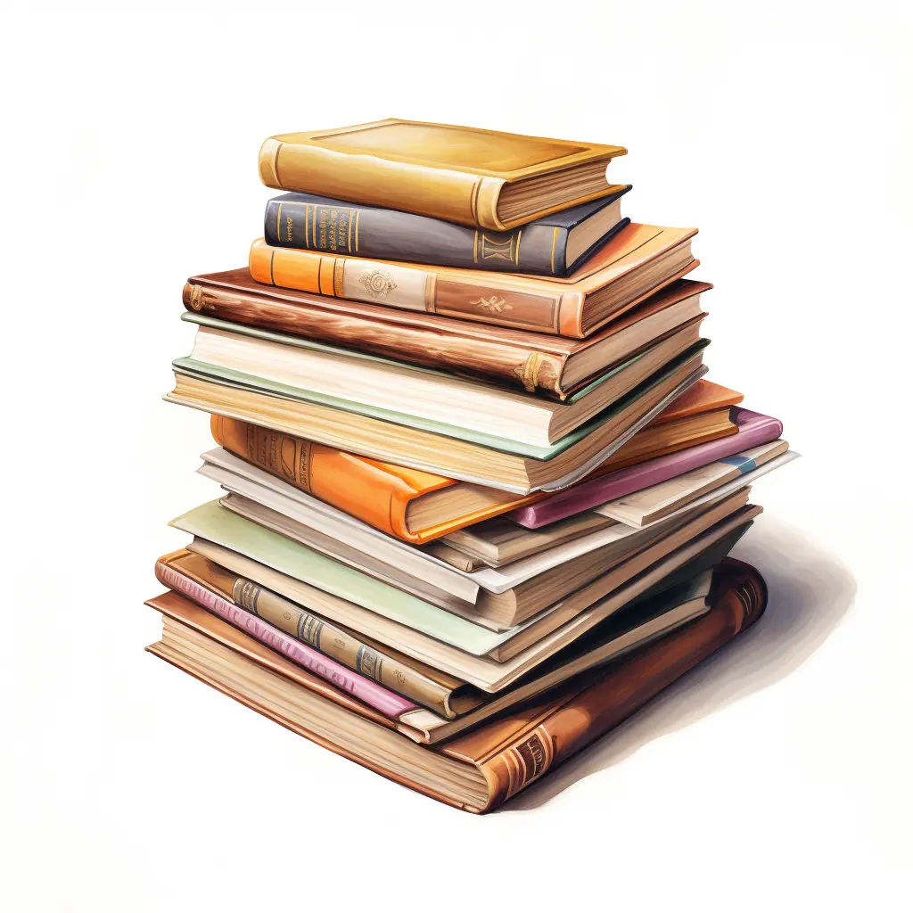 Ein Berg von Büchern in sanften Farben bildet eine Illustration, die Realität und Fantasie vereint. In der Stadt liegt ein Stapel Bücher auf einem weißen Hintergrund.