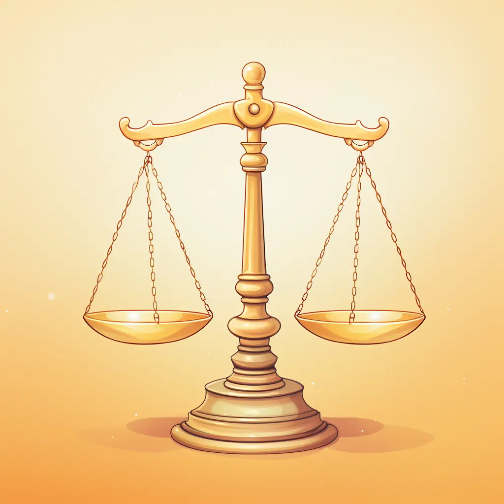 Das Recht wird durch eine einfache und elegante Zeichnung dargestellt, die eine Waage in zarten Farben zeigt. Ein Symbol für das Recht erstrahlt auf einem hellen Hintergrund.