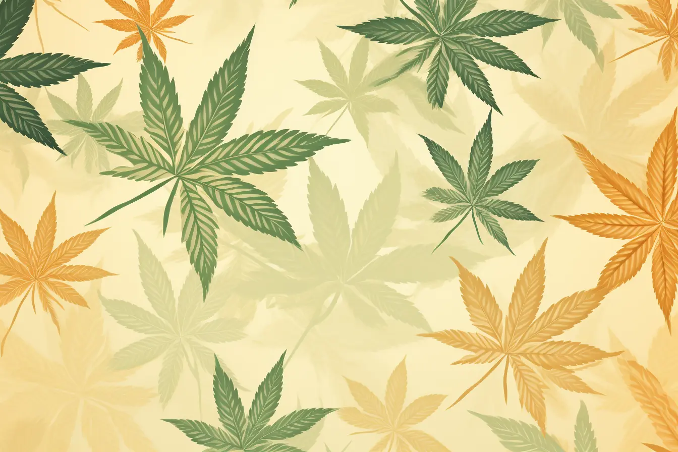 Ein feines Design aus Cannabisblättern in sanften Pastellfarben. Ein zartes Muster aus Cannabisblättern ziert den hellen Hintergrund des Cannabis Social Club in Bielefeld.